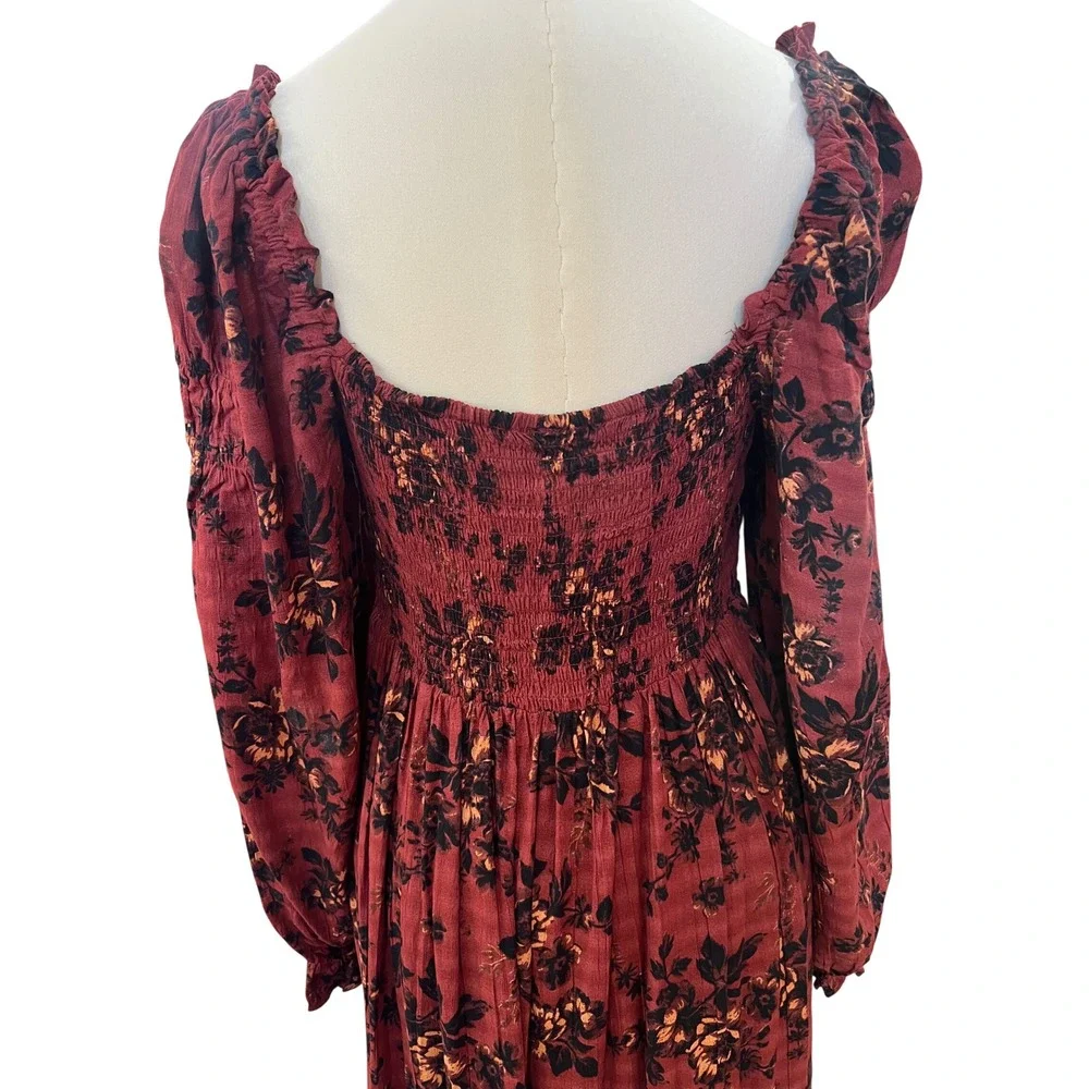 Free People Burgundy Viscose Modal‎ Jaymes Maxi Dress Dark Floral Smocked Small